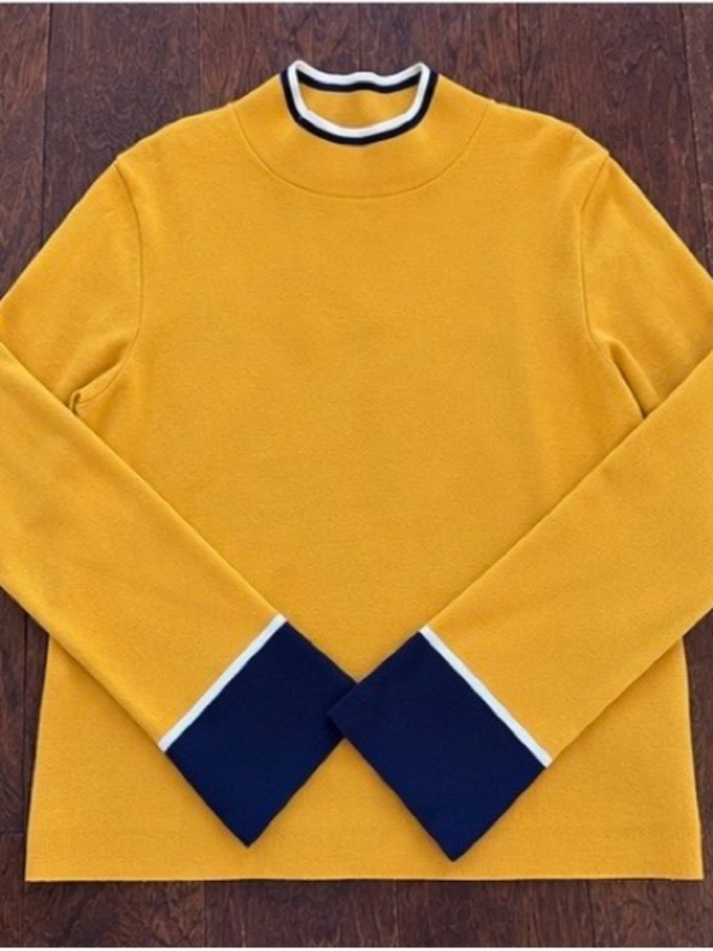 Mustard Long-Sleeve Sweater with Navy Trim